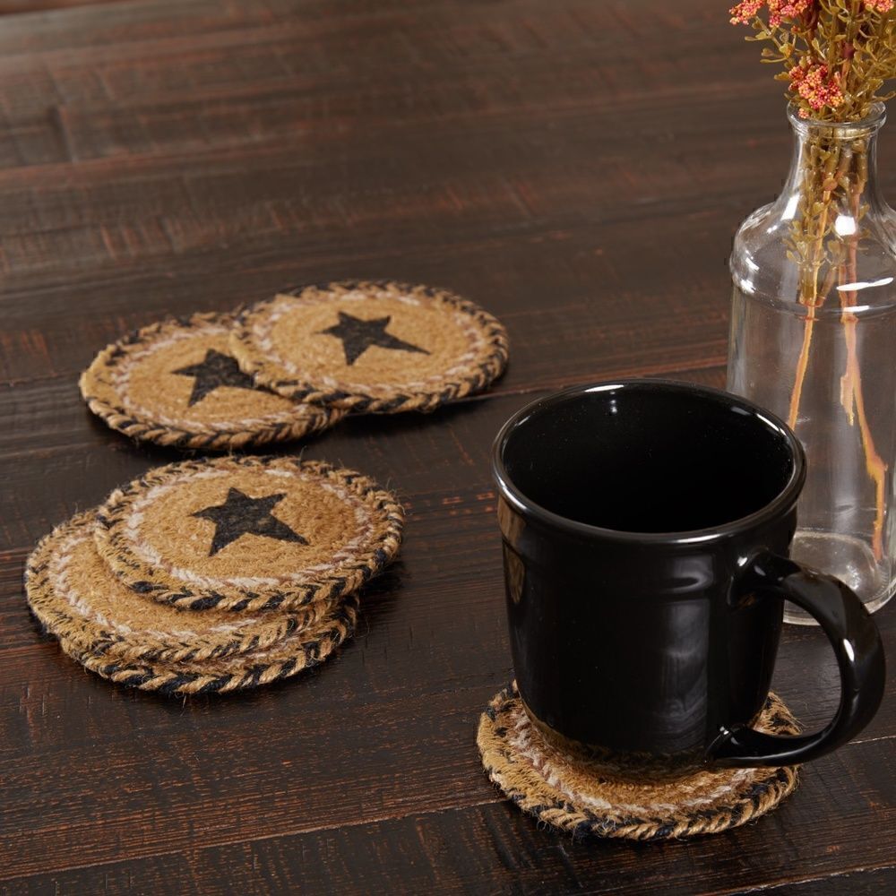 NEW! Primitive Black Star Jute Braided Coaster Set of Six Farmhouse Country